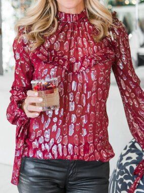 Silk Sheer Blouse Burgundy & Metallic | Veronica Beard | Sz 8